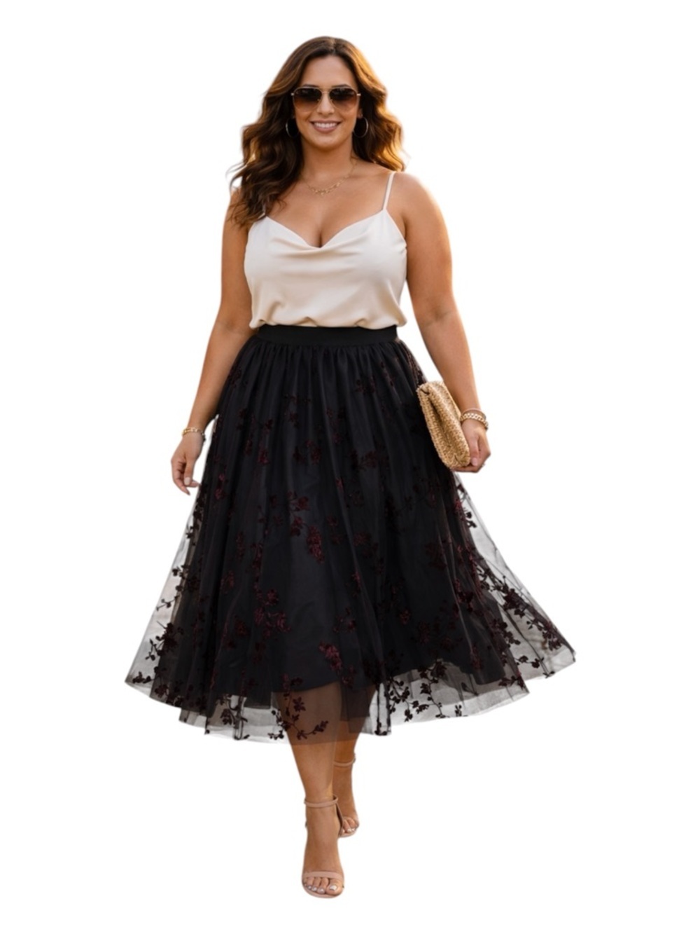 DR2 Black Wine colored velvet floral pattern Tulle Bell Midi Skirt Sz Large NWT